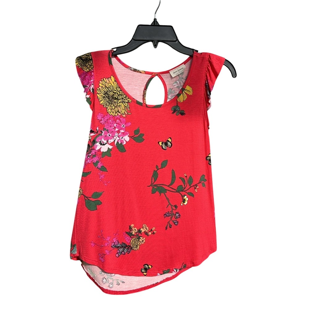 Free Kisses Vermillion Floral Stretch Blouse Ruffle Sleeve Peekaboo Back Women S